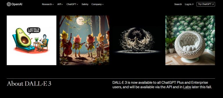 Capture d'écran de l'outil de blog de l'IA DALL-E, montrant l'écran de demande ainsi qu'une série d'images précédemment générées dans différents styles.