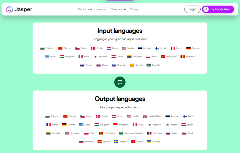 Jasper Chat - langues disponibles